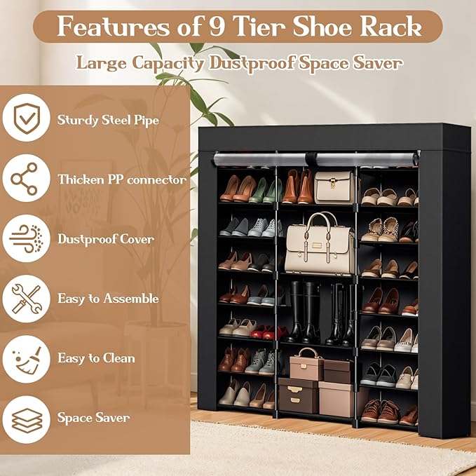 Shoe Rack for Closet, Shoe Organizer Storage Cabinet 9-Tier Large Capacity Holds up 40-46 Pairs with Dustproof Nonwoven Fabric Cover Vertical Rack for Entryway Garage-NeatNest