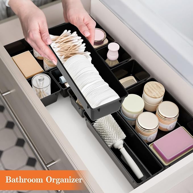 25 PCS Plastic Drawer Organizer Set, 4-Size Versatile Organizer Trays & storage Bins for Makeup, Jewelry, and Gadgets in Bathroom, Bedroom and Office, Black-NeatNest