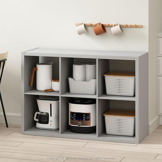 Furinno Hermite 6-Cube Open Shelves Kitchen Storage, Kitchen Island, Bakers Rack, Buffet Sideboard, Light Grey-NeatNest