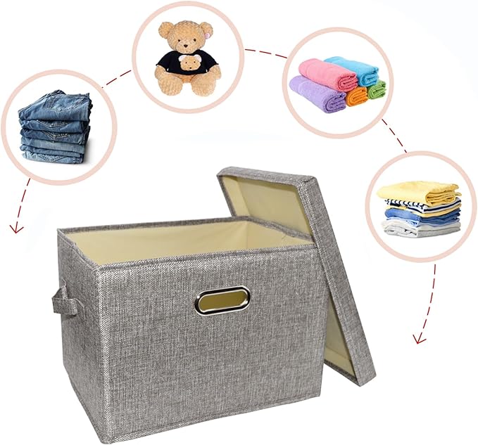 3 Pack Large Linen Collapsible Closet Organizers and Storage Bins with Removable Lids Storage Boxes for Organizing Clothing,Sheets,Toys,Shelves Basket Cube Storage Bin with Handles-NeatNest