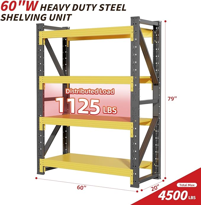 60" W Garage Shelving,4-Tier Heavy Duty Storage Shelves Unit with Adjustable Metal Shelf for Warehouse,Basement,Workshop,4500LBS,60" W x 20" D x 79" H,Black&Yellow-NeatNest