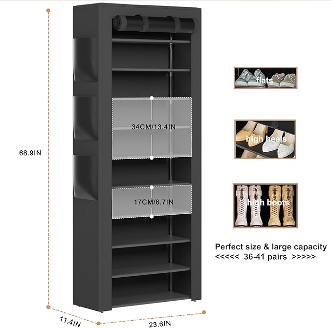 Large Shoe Rack, Black, 6 Side Pockets, 23.6" Wide x 11.4" Deep x 68.9" Tall, 36-41 Pairs of Shoes-NeatNest