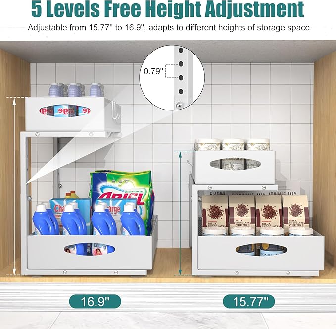 1 Pack Large Under Sink Organizer, 2 Tier Metal Pull Out Under Sink Storage with Sliding Mesh Drawers, Height Adjustable Slide Out Under Cabinet Organizer for Kitchen Bathroom, White-NeatNest