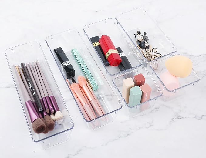 6 Pack Clear Drawer Organizer Set,Desk Drawer Storage Tray,Vanity Organizer Storage Bins Containers-NeatNest