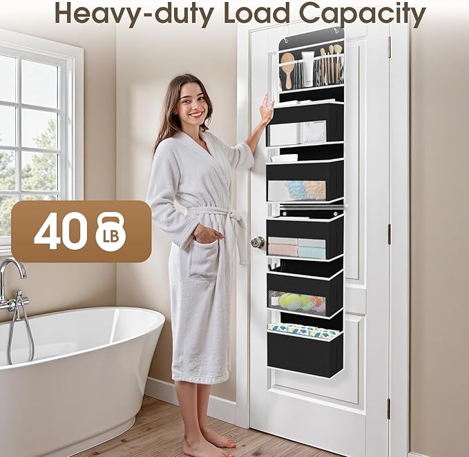 6-Tier Over The Door Organizer Hanging Storage Organizers with Clear Window 40lb Large Capacity Room Organizer for Pantry Bathroom Nursery Closet(Black)-NeatNest