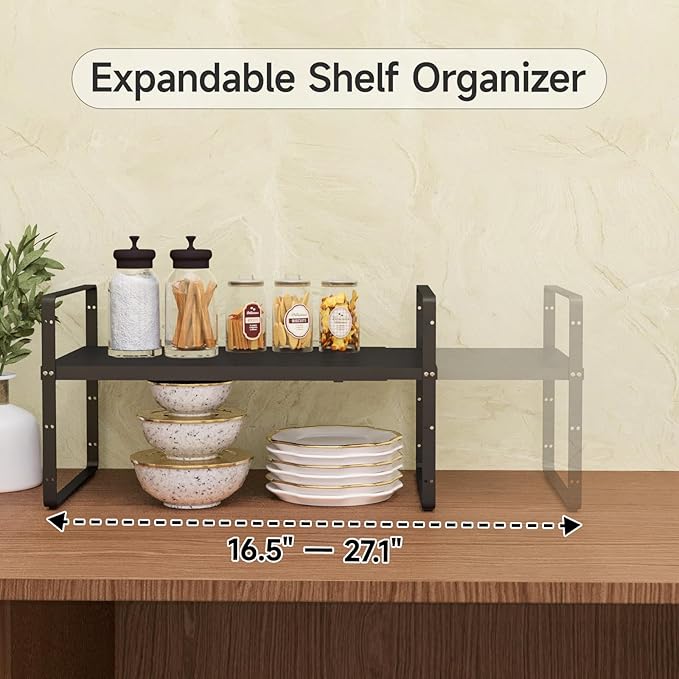 16.5-27’’L Expandable Stackable Cabinet Shelves, Adjustable Spice Rack Cabinet Shelf Organizer for Kitchen, Countertop, Pantry and Cupboard, Black-NeatNest