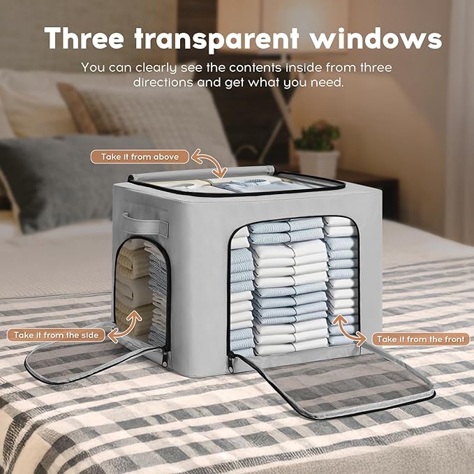 3-Pack Clothes Organizer Bins with Metal Frame, Foldable 40L Linen Storage Boxes with Lids, Clear Windows, Zippers & Durable Handles (Light Gray)-NeatNest