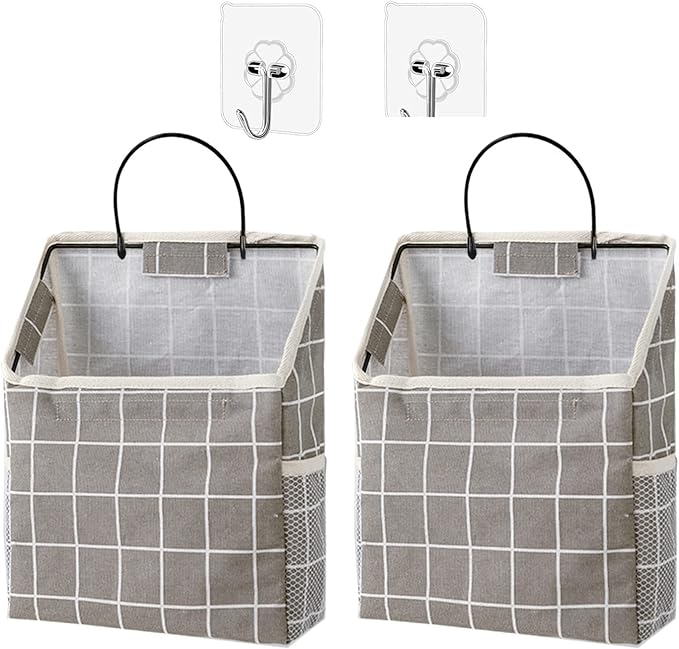 2 Pack Wall Hanging Storage Bag, Hanging Organizer Bag with Sticky Hook, Wall Organizer for Dormitory Bathroom Bedroom Kitchen (Grey Grid-NeatNest