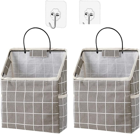 2 Pack Wall Hanging Storage Bag, Hanging Organizer Bag with Sticky Hook, Wall Organizer for Dormitory Bathroom Bedroom Kitchen (Grey Grid-NeatNest