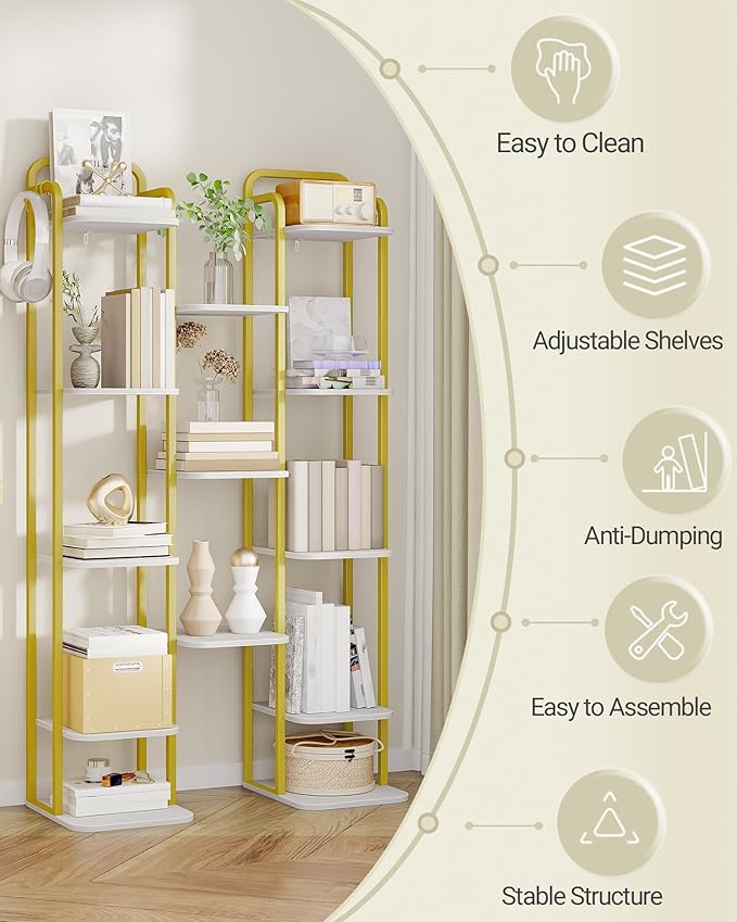 8 Tiers Vertical Shoe Rack, Narrow Shoe Tower, Tall Shoes Shelf with 2 Hooks, Adjustable Shelves, Corner Shoes Shelves for Small Spaces, Entryway, Living Room, White Gold SR04313A-NeatNest