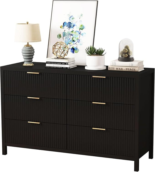 6 Drawer Dresser Cabinet, Long Nightstand with Drawers and Storage Cabinet, Solid Wood Dresser TV Stand, Mid Century Modern Nightstand with 6 Drawer Dresser for Bedroom Closet (Black)