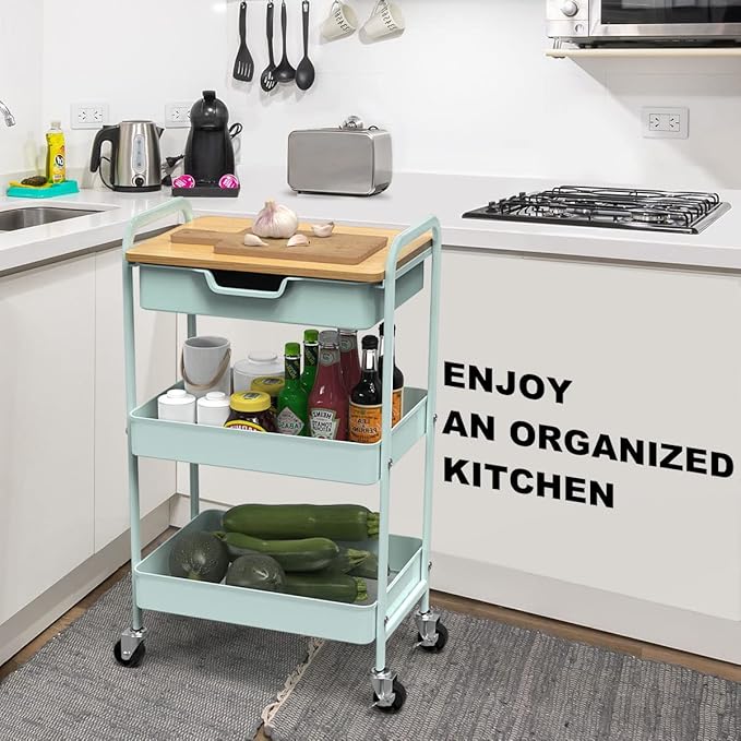 3 Tier Rolling Cart, Utility Cart with Drawer and Table Top, Metal Rolling Kitchen Storage Organizer Cart with Handle and Locking Wheels for Bathroom Office Balcony Living Room-NeatNest