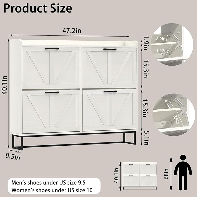 Hidden Shoe Storage Cabinets with 4 Flip Drawers and Metal Legs, Freestanding Narrow Shoe Organizer Rack for Entryway, White-NeatNest