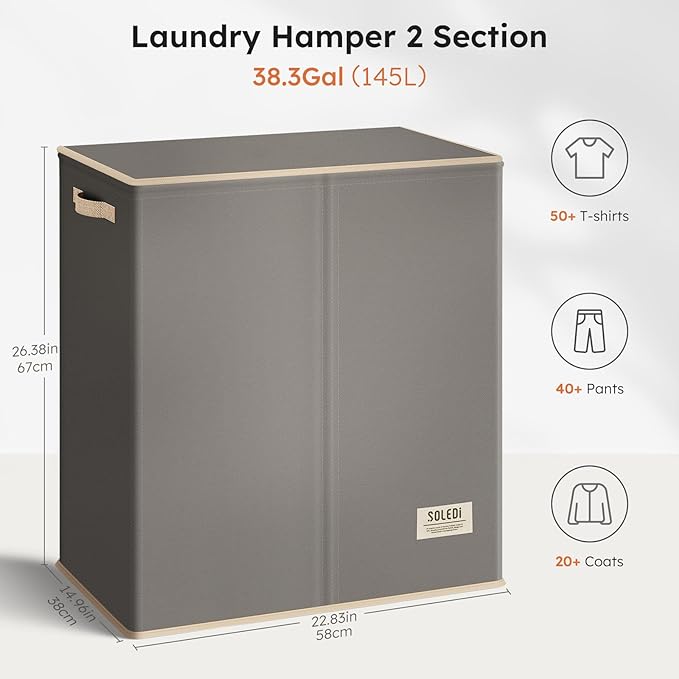 SOLEDI Large Double Laundry Hamper with Lid, Collapsible Clothes Hamper 2 section with Removable Bags, Space-Saving Laundry Basket for Bedroom, Dorm, College-NeatNest
