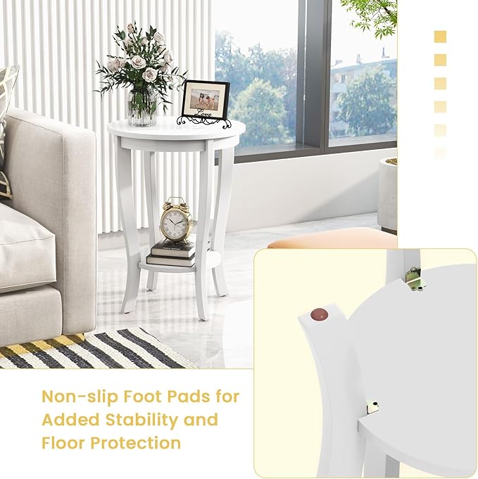 GOFLAME 2-Tier Round End Table, 18” Sofa Side Table with Storage Shelf, Floor Tea Table with Solid Wood Legs, Compact Nightstand for Small Space, Living Room, Bedroom, White