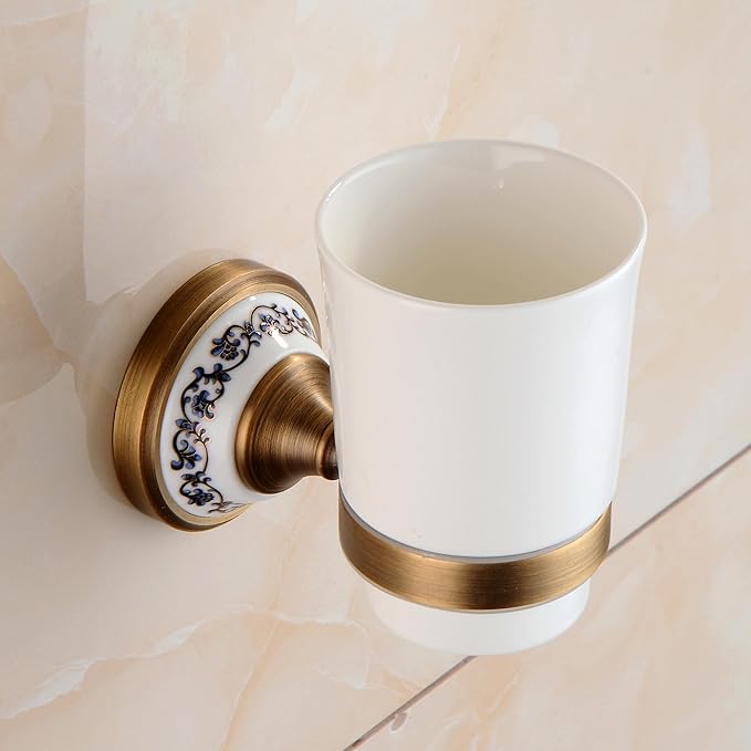 Antique Bronze Brass Toothbrush Holder Cup Holder with White Ceramic Tumbler, Wall Mounted Bathroom Hardware Accessories,Porcelain Design