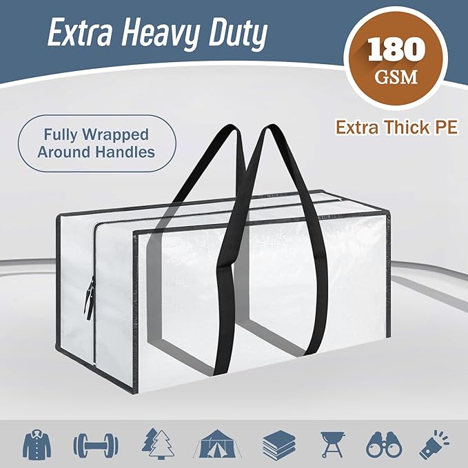 12 Pack Extra Heavy Duty Large Moving Bags with Strong Zipper & Comfortable Handles, Sturdy & Durable Clothes Storage Bags Totes Bins, Packing Moving Boxes for College Supplies, White-NeatNest
