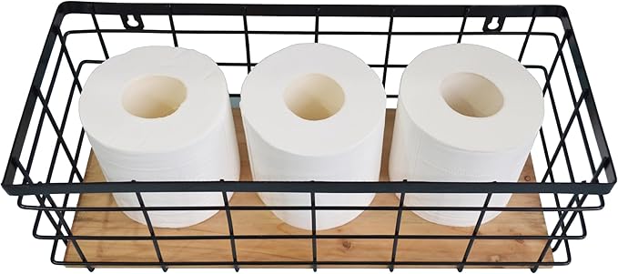 Metal Wire Basket Detachable Wood Base Storage Organizer Farmhouse Bin for Kitchen Cabinets, Bathroom, Pantry, Laundry Room, Closets，1 Pack in Black Color,Size Big