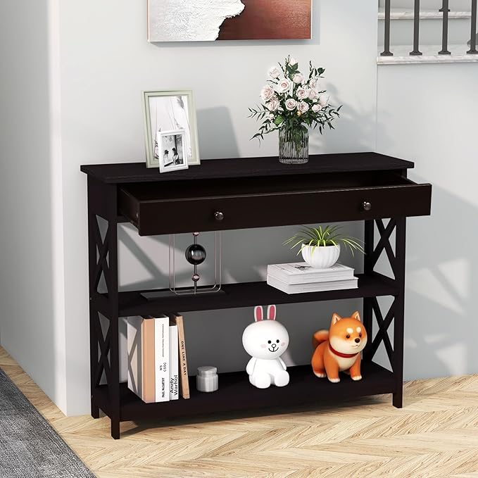 GOFLAME 39" Console Sofa Table with Drawers, 3-Tier Narrow Entry Table with Storage Shelves for Living Room Behind Couch, Entryway (Espresso)-NeatNest