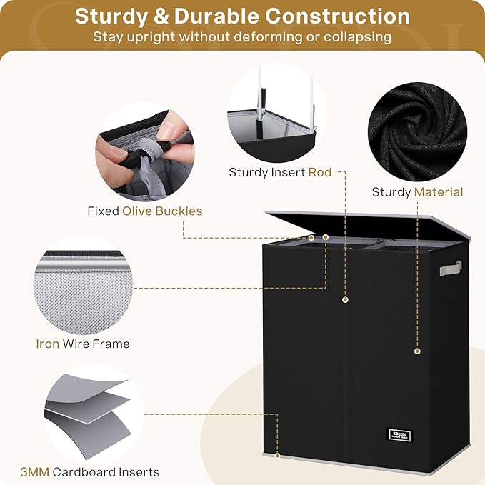 SOLEDI Double Laundry Hamper with Lid and Removable Laundry Bags - Large Dirty Clothes Hamper 2 Section - Collapsible Laundry Baskets for Bedroom, Bathroom, Laundry room, Apartment, Black-NeatNest