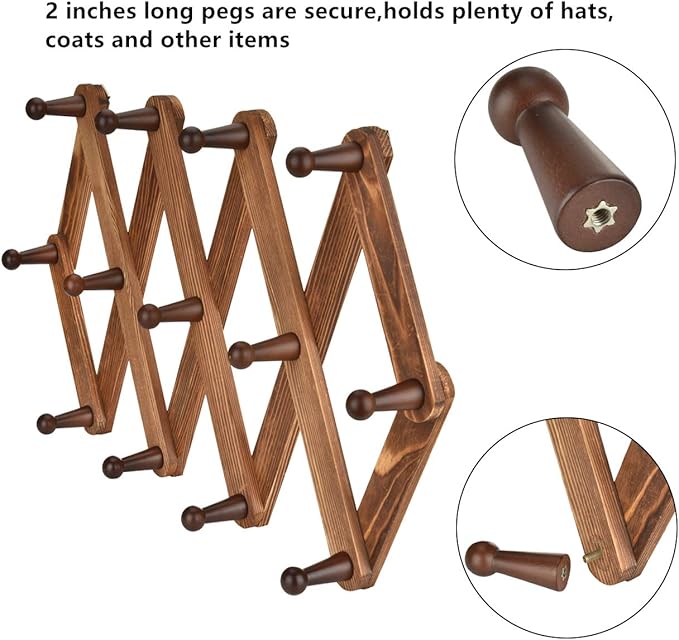 Homode Vintage Wood Expandable Peg Rack- Multi-Purpose Accordion Wall Hangers with 13 Hooks for Hats, Coat, Mugs, Scarf, Jewelry Storage-NeatNest