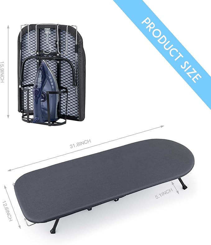 BiJun Small Ironing Board, Foldable Table Top Ompact Portable Mini Ironing Board w/Iron Rest, Set for Dorm Rooms, RVs, Travel Apartments Black-NeatNest
