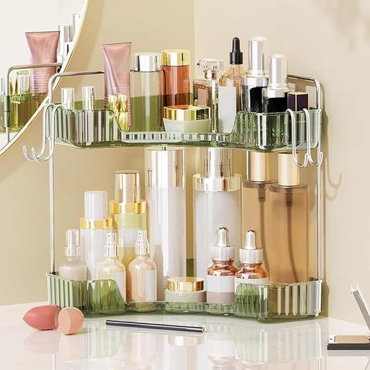 Makeup Organizer for Vanity 2 Tier Bathroom Organizers and Storage Countertop with Hooks Skin Care Exquisite Vanity Organizers Corner Bathroom Counter Storage-Green-NeatNest