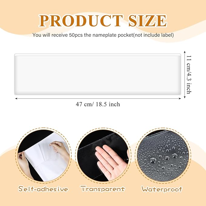 Jeyiour 50 Pcs Label Holders Adhesive Nameplate Pockets Storage Bin Labels Index Card Holder Shelf Plastic Peel Stick for Classroom Supermarket Bookshelf Library Student Box Drawer (4.3 x 18.5 Inch)