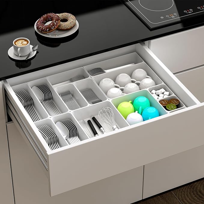 25 pc Plastic Drawer Organizer Set,4 Size Small Storage Containers for Organizing Jewelry,Utensil,Junk,Tea,Makeup,Shallow Drawer Organizers Tray Suitable for Office,Desk,Bathroom,Vanity,Kitchen,White-NeatNest