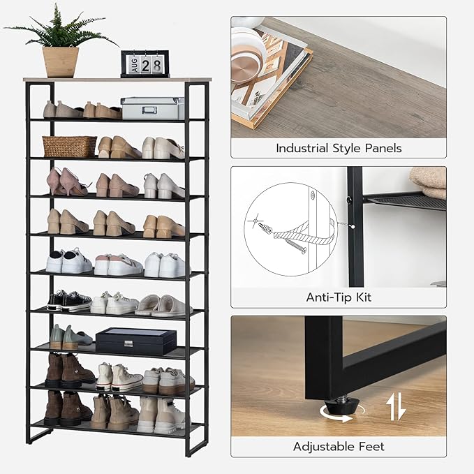 HOOBRO 10-Tier Shoe Rack, 29.5" L Shoe Storage Organizer, Large Capacity Shoe Shelf for Front Door Entrance, Entryway, Hallway, Holds 36-40 Pairs of Shoes, Closet, Greige and Black BG107XJ01-NeatNest