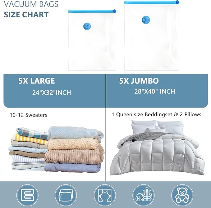 Large Vacuum Storage Bags with Electric Pump 10 Pack (5 Jumbo/5 Large) Vacuum Seal Bags for Clothing Compression Space Saver for Comforters,Blankets - Travel Essentials-NeatNest