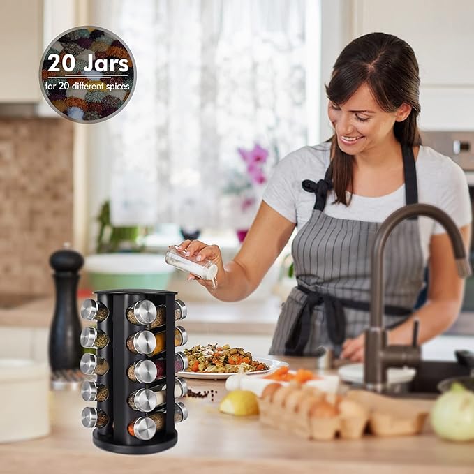 Baker Boutique Spice Rack, Spice Organizer for Countertop, Empty 20-Jars Rotating Rack, Spinning flavoring Rack Shelf, Revolving rack for Kitchen (Black)-NeatNest