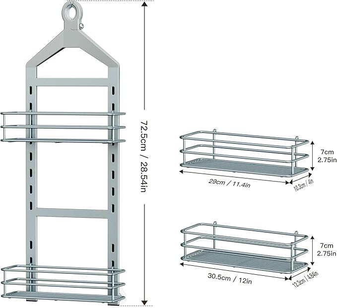 Orimade Adjustable Anti-Slip Shower Caddy Over Shower Head, Rustproof Bathroom Hanging Shower Organizer with 2 Hooks for Razor, No Drilling Shower Shelves Storage Rack 2 Tier, Light Grey