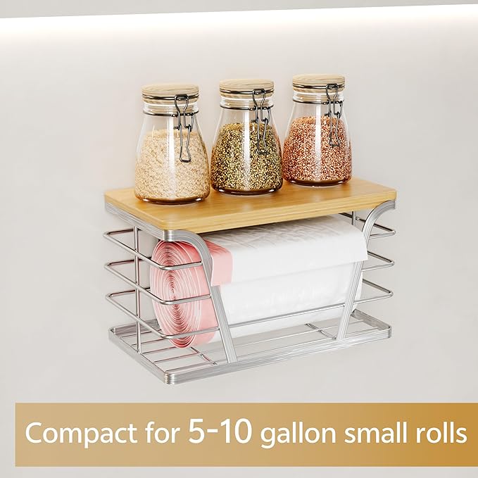 Trash Bag Dispenser with Bamboo Top for Kitchen Storage Organization,Stackable Storage Organizer 304 Stainless Steel Trash Bag Holder under Sink