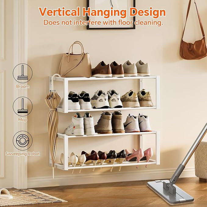 Homeiju Hanging Shoe Organizer,2 Pack Wall Mounted Shoe Rack Holds 12 Pairs,Space Saving Metal Wall Shoe Rack,Hanging Shoe Rack Shoe Holder for Small Space,Entryway,Closet,RV,Camper (White-NeatNest