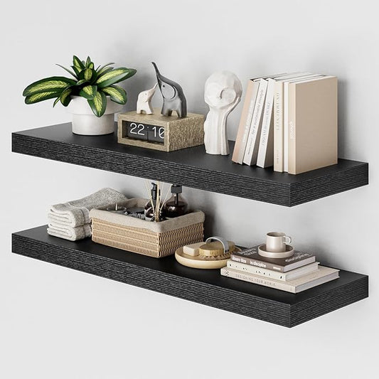 Heimlove 36 Inch Wall Shelf Bathroom Shelves Set of 2, 12" Deep Black Floating Shelves for Wall, Wall Mounted Shelves for Books Living Room Laundry Room Bedroom Kitchen Home Office-NeatNest