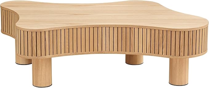 Kevinplus 42.52'' Modern Wood Coffee Table for Living Room, Contemporary Irregular Drum Curved Handcraft Coffee Table with Strong Legs, Easy Assembly, Oak