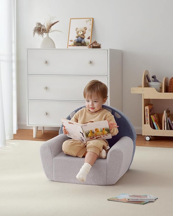 Blissful Diary Toddler Chair Comfy, Foam Kids Chair with Soft Teddy Plush, Toddler Reading Chair with Cute Mushroom Designs- Blue-NeatNest