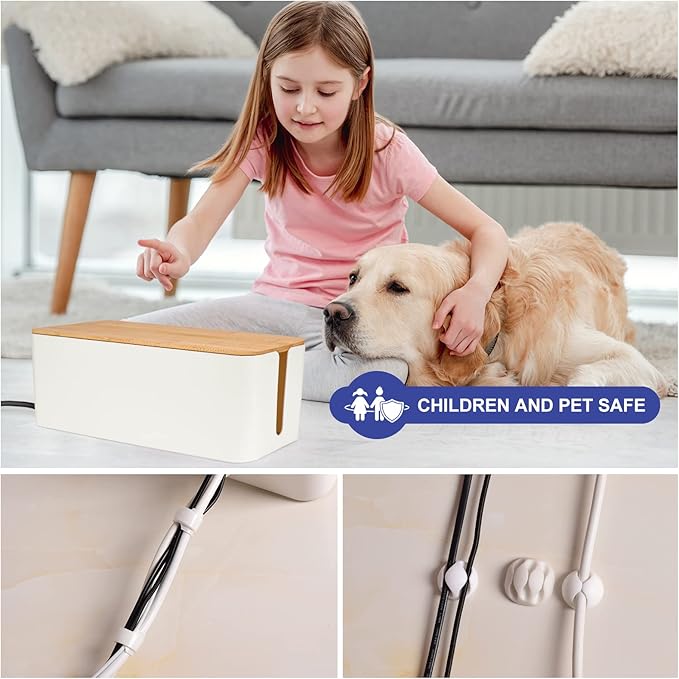 Cable Management Box - Wooden Style Cord Organizer Box to Hide Wires & Power Strips | Desk Computer Cable Organizer Box | Safe ABS Material | 12.6" (L) x 5.3" (W) 4.9" (H) | for Home & Office - White