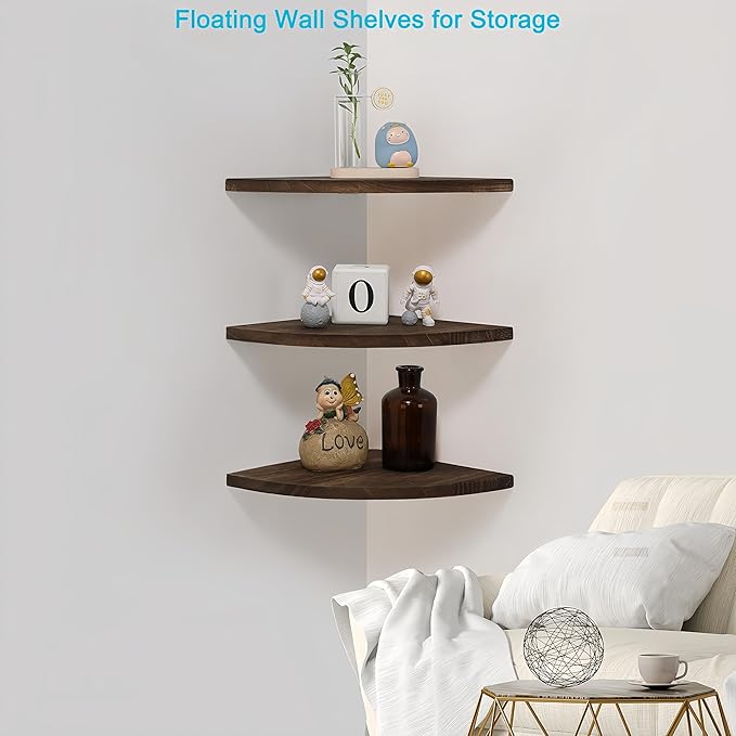 Corner Wall Shelves, Wood Corner Floating Shelves with Cable Raceway, Wall Mount Storage Display for TV Accessories, Monitor, Speaker (Carbonized Dark Brown, Fan-Shaped- 10 Inch)-NeatNest