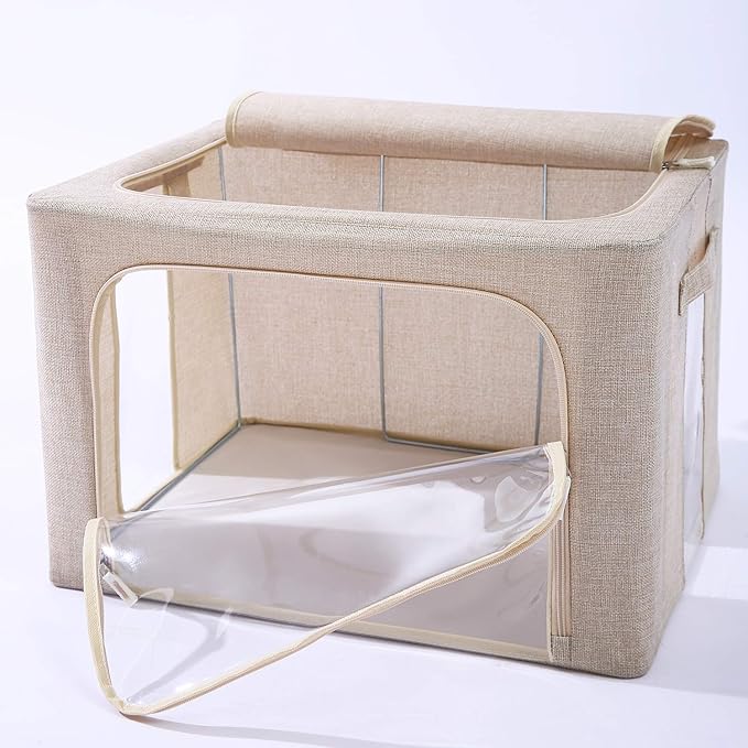3Pack Foldable Storage Bins - Frame Storage Box Linen Fabric Stackable Clothes Container Organizer with Clear Window & Carry Handles Large Capacity (Large-66L, Beige)-NeatNest
