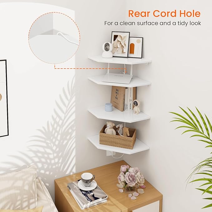 Homode Corner Wall Shelf, Corner Shelf Floating, Set of 4 Wooden Hanging Corner Shelves with Wire Hole for Bathroom Living Room Office, White-NeatNest