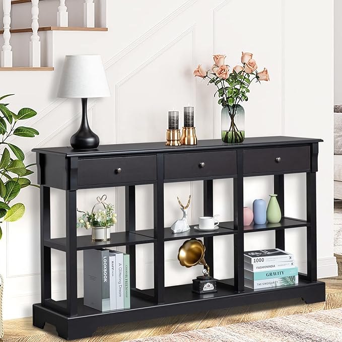 Karl home Console Table with 3 Drawers, 58" W Entryway Desk Sofa Side Table with 6 Bottom Cube Storage Shelves, Vintage TV Stand for Hallway Living Room Office, Black 32.5" H-NeatNest