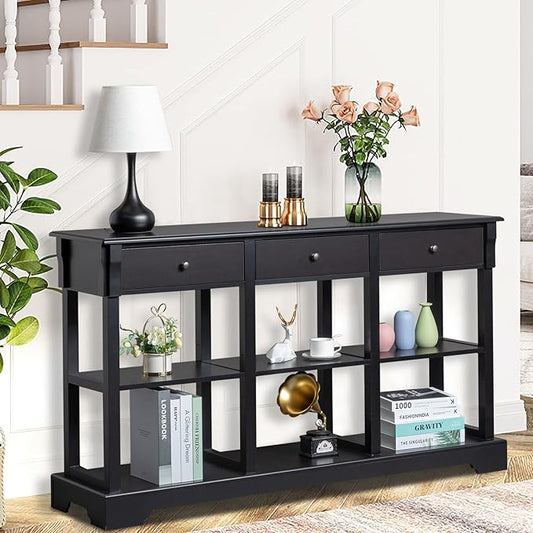 Karl home Console Table with 3 Drawers, 58" W Entryway Desk Sofa Side Table with 6 Bottom Cube Storage Shelves, Vintage TV Stand for Hallway Living Room Office, Black 32.5" H-NeatNest
