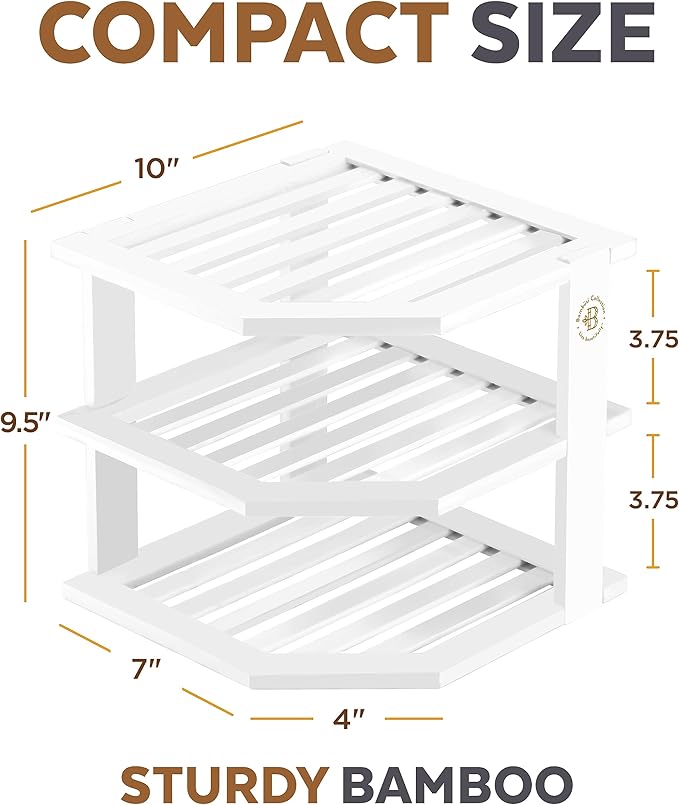 Cabinet Organizer Shelf - Bamboo Corner Rack for Kitchen Counter, Cabinet Space Saver for Plates, Dishes, Bowls, Bread Pantry, Bathroom Storage or Countertop Stand, White-NeatNest