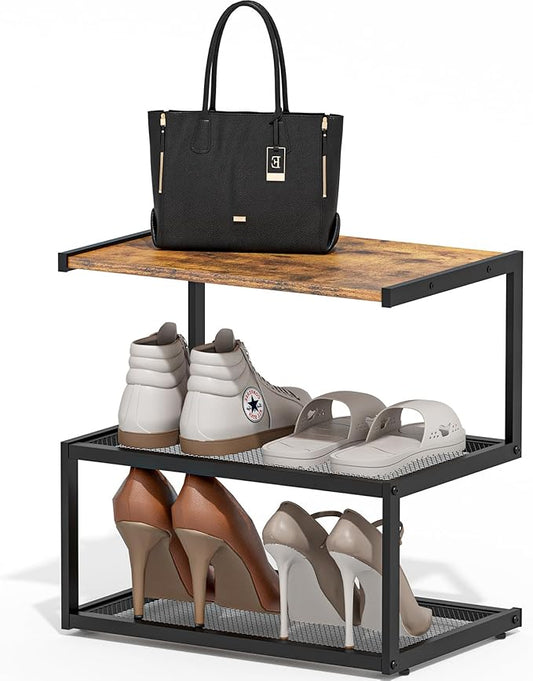 Shoe Rack, Unique 5-Shaped Free Standing Shoe Shelf, 3-Tier Wooden Shoe Organizer with Wooden Top and Steel Frame for Front Door Entrance, Entryway, Hallway, 16.54" D x 10.24" W x 16.14" H-NeatNest