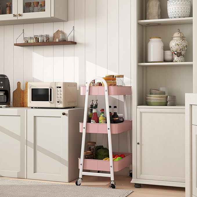 Sekey 3 Tier Rolling Cart Metal, Easy Install Utility Cart on Wheels, Heavy Duty Storage Cart with Lockable Wheels for Baby Nursery, Bathroom, Kitchen, Laundry Room, Pink