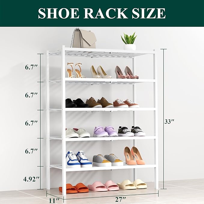 Smiry Shoe Rack, 5 Tier Thick Bamboo Shoe Organizer, Stackable Free Standing Wooden Shoe Storage Shelf for Closet, Entryway, Front Door Entrance, White-NeatNest