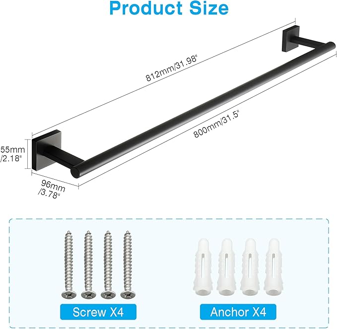 Towel Bar for Bathroom, 32 Inch Towel Rack Wall Mounted, SUS304 Stainless Steel Heavy Duty Towel Holder for Bathroom Laundry Room Hotel Modern Home Decor