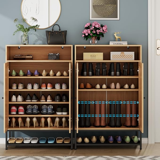 Rattan Shoe Organizer with Doors, Shoe Storage Cabinet with Adjustable Shelves for Entryway, 7-Tier Entryway Shoe Rack Storage for Hallway, Closet, Living Room-NeatNest